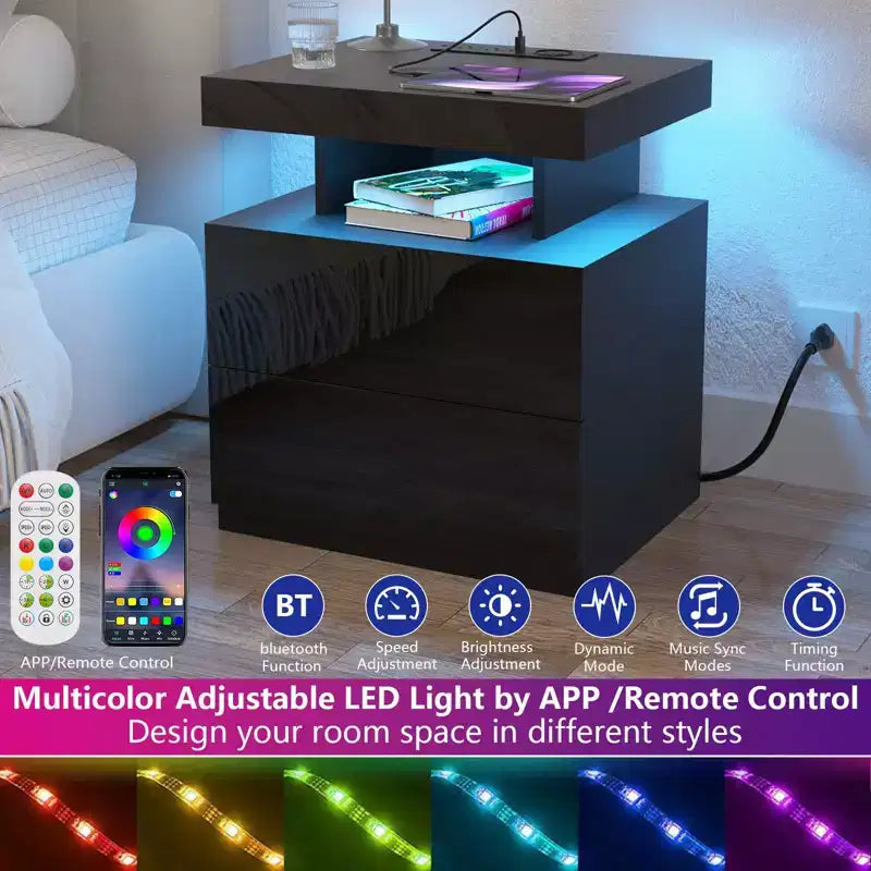 Table de Chevet Moderne Hommpa à LED avec Station de Recharge sans Fil et 2 Tiroirs