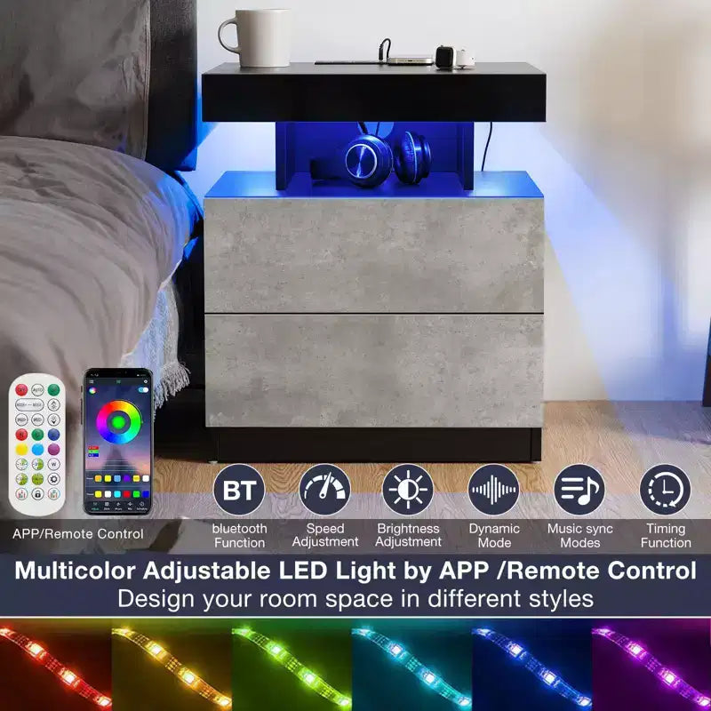 Table de Chevet Moderne Hommpa à LED avec Station de Recharge sans Fil et 2 Tiroirs