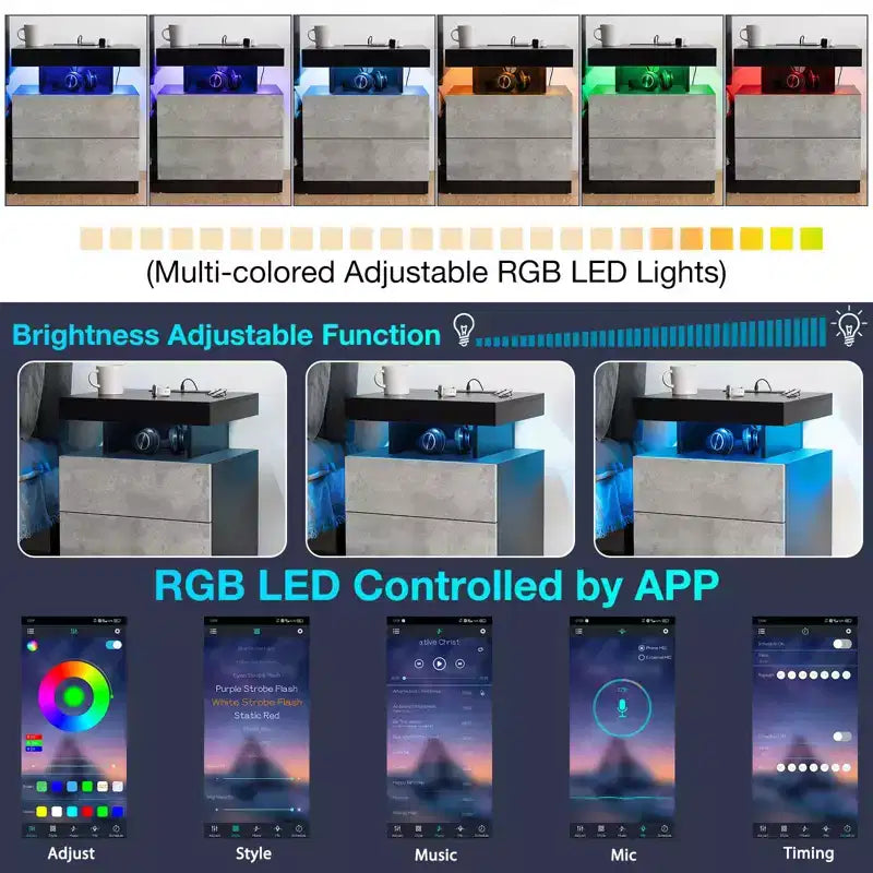 Table de Chevet Moderne Hommpa à LED avec Station de Recharge sans Fil et 2 Tiroirs