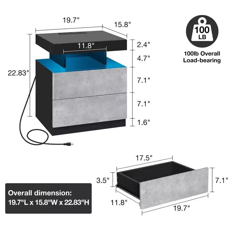 Table de Chevet Moderne Hommpa à LED avec Station de Recharge sans Fil et 2 Tiroirs