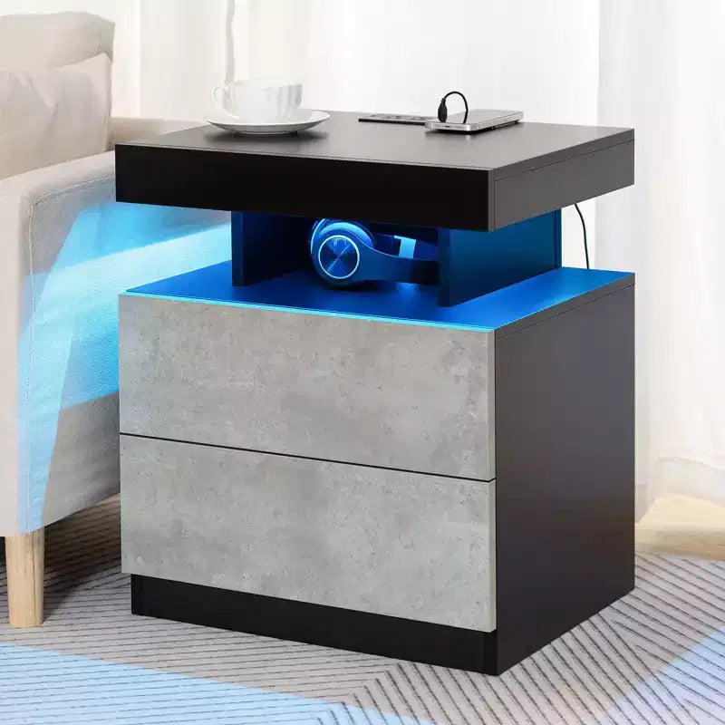 Table de Chevet Moderne Hommpa à LED avec Station de Recharge sans Fil et 2 Tiroirs