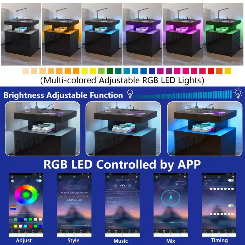 Table de Chevet Moderne Hommpa à LED avec Station de Recharge sans Fil et 2 Tiroirs