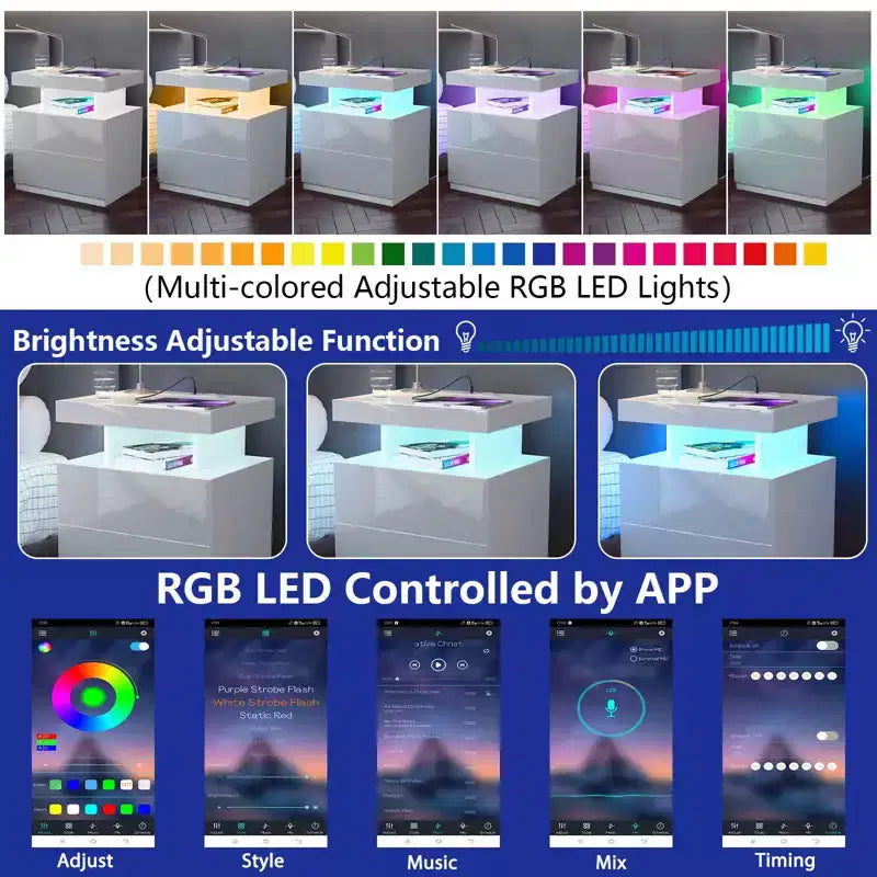 Table de Chevet Moderne Hommpa à LED avec Station de Recharge sans Fil et 2 Tiroirs