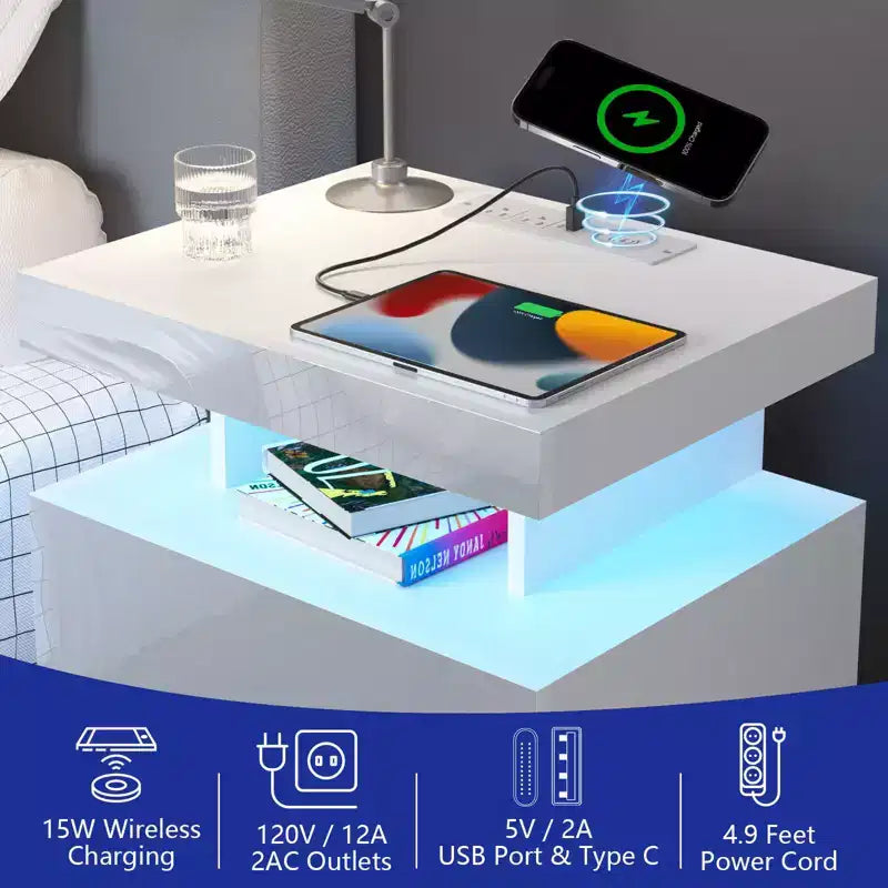 Table de Chevet Moderne Hommpa à LED avec Station de Recharge sans Fil et 2 Tiroirs