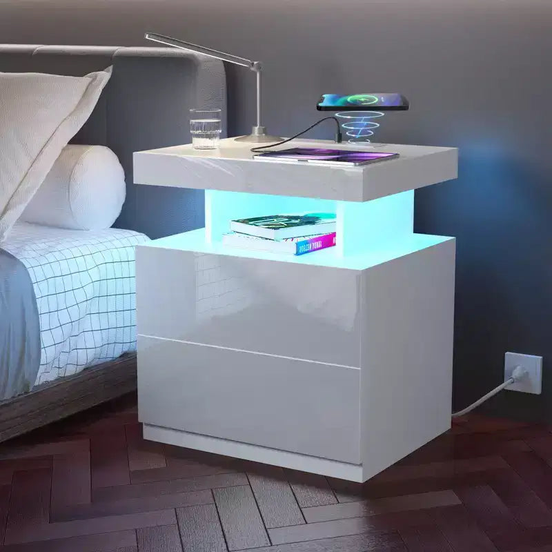 Table de Chevet Moderne Hommpa à LED avec Station de Recharge sans Fil et 2 Tiroirs