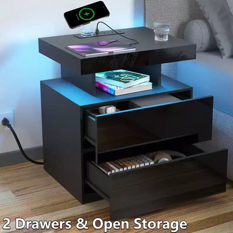Table de Chevet Moderne Hommpa à LED avec Station de Recharge sans Fil et 2 Tiroirs