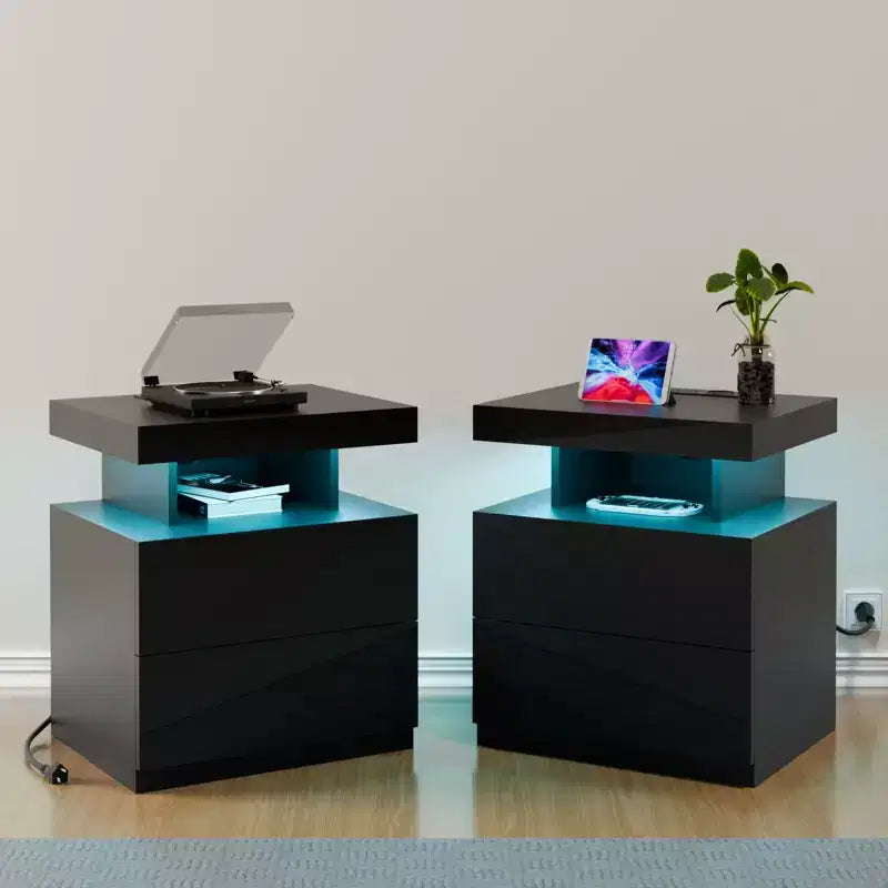 Table de Chevet Moderne Hommpa à LED avec Station de Recharge sans Fil et 2 Tiroirs