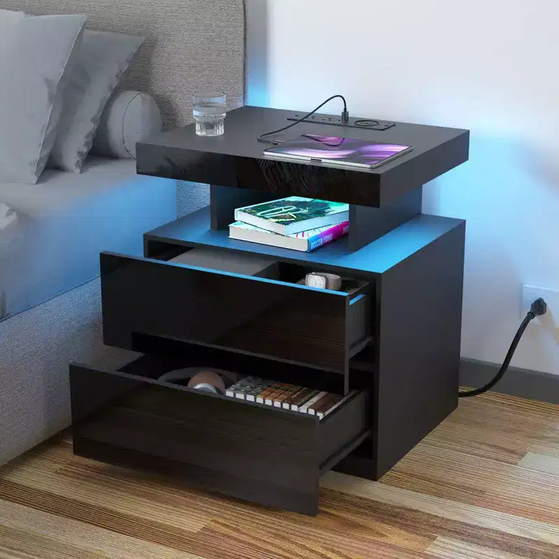 Table de Chevet Moderne Hommpa à LED avec Station de Recharge sans Fil et 2 Tiroirs