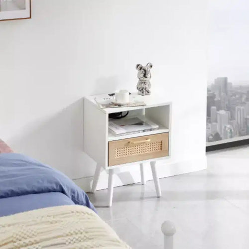 15.75 Rattan End table with Power Outlet & USB Ports , Modern nightstand with drawer and solid wood legs, side table for living room, bedroom, white
