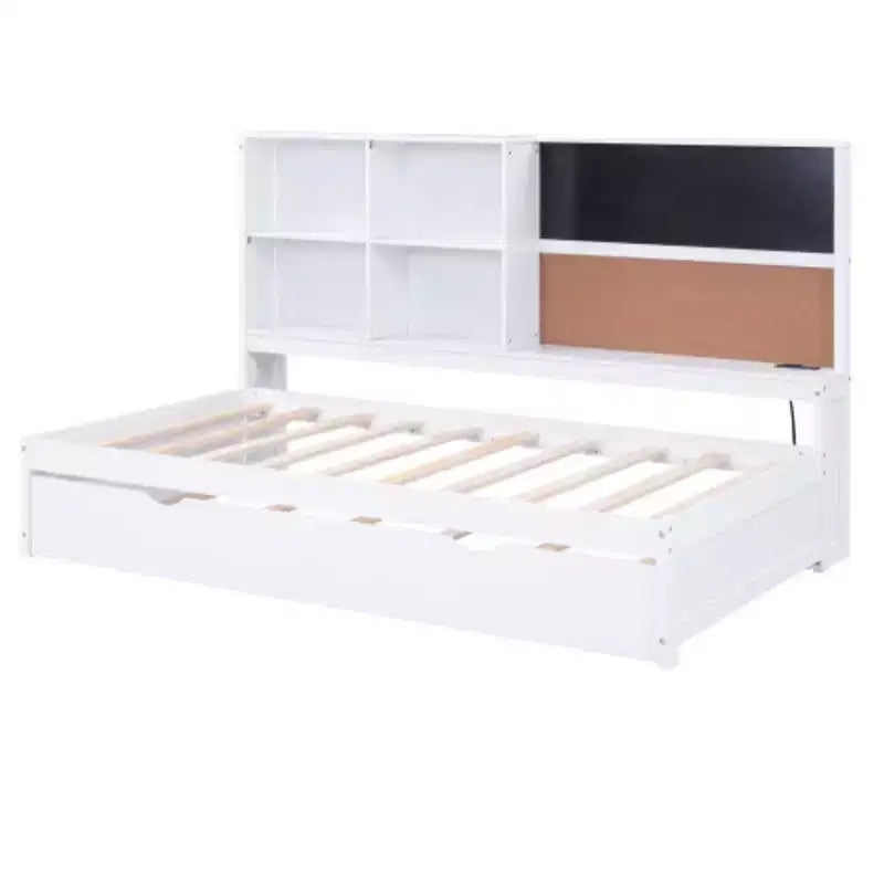 Lit de repos double avec étagères de rangement, tableau noir, tableau en liège, ports USB et lit gigogne double, blanc