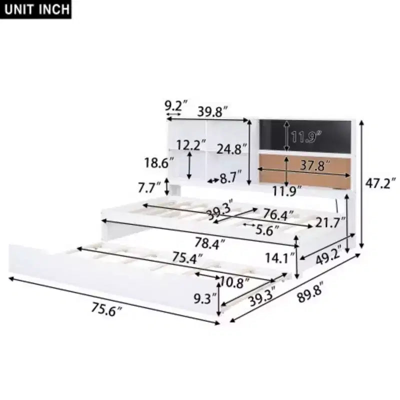 Lit de repos double avec étagères de rangement, tableau noir, tableau en liège, ports USB et lit gigogne double, blanc