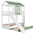 Lit superposé enfant en forme de maison jumeau sur jumeau avec toboggan convertible et lit gigogne, blanc + vert