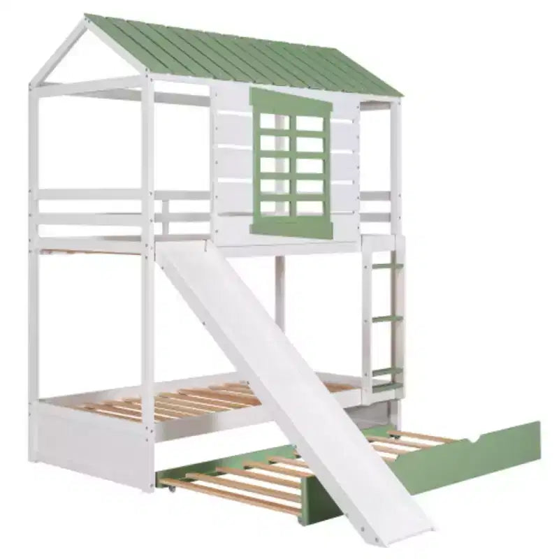 Lit superposé enfant en forme de maison jumeau sur jumeau avec toboggan convertible et lit gigogne, blanc + vert