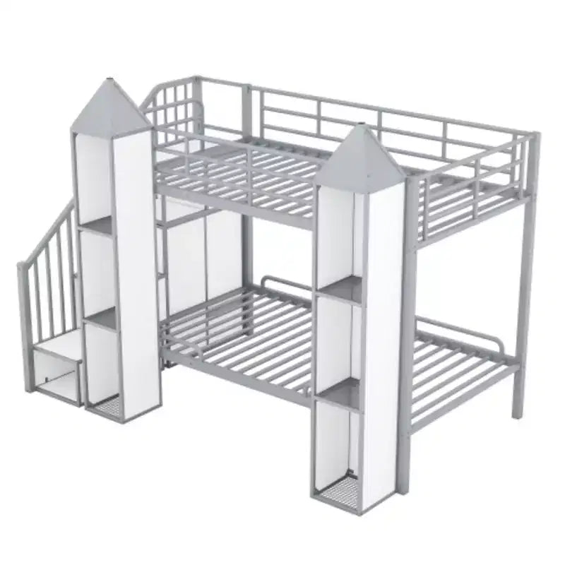 Lit superposé en métal jumeau sur jumeau en forme de château avec armoire et rangements multiples, gris et blanc