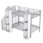 Lit superposé en métal jumeau sur jumeau en forme de château avec armoire et rangements multiples, gris et blanc