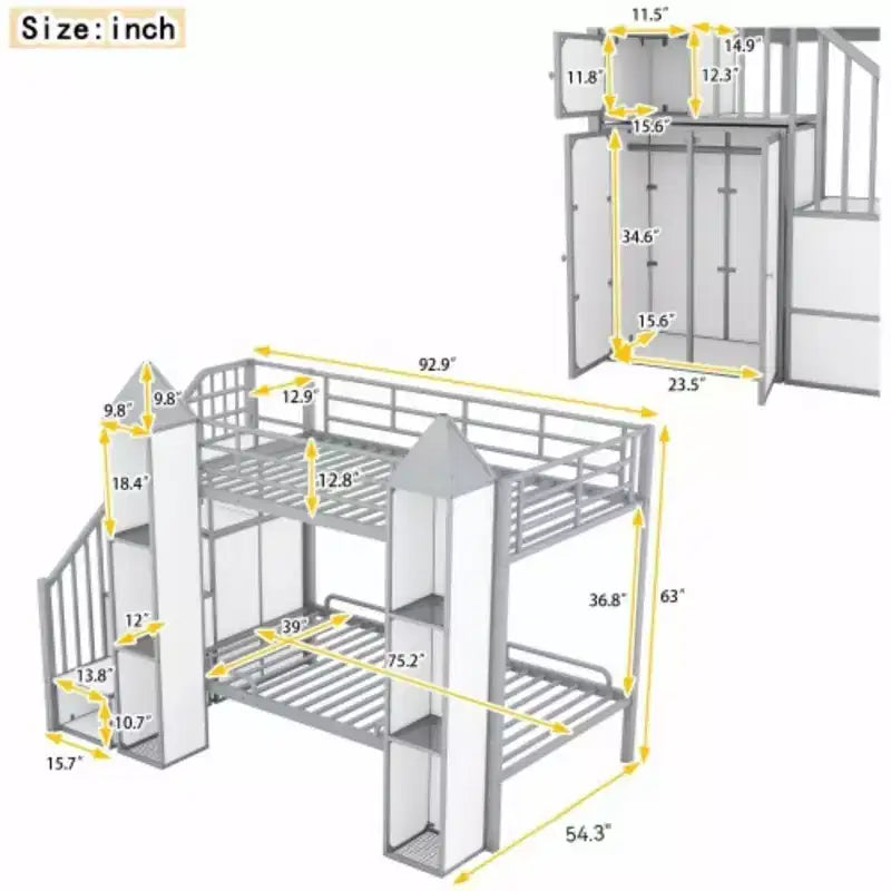 Lit superposé en métal jumeau sur jumeau en forme de château avec armoire et rangements multiples, gris et blanc