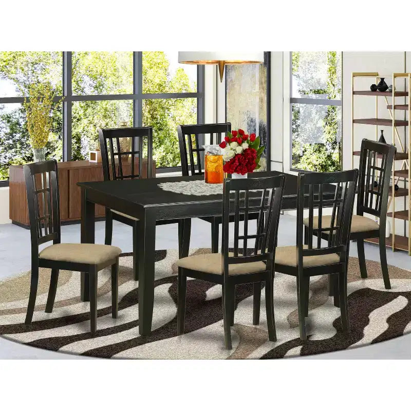 Rubber Wood Dining Table Set With 6 Chairs Rectangle Kitchen Dining Room Black