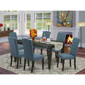 HomeStock 7 Piece Dinette Set Rectangle Table with Butterfly Leaf and 6 Mineral Blue Linen Fabric Chairs Black