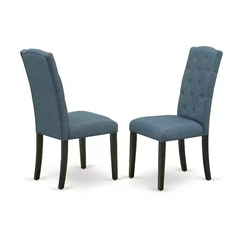 HomeStock Ensemble de salle à manger 7 pièces Table rectangulaire avec rallonge papillon et 6 chaises en tissu lin bleu minéral Noir