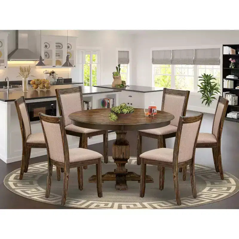 Round Dining Table Set With 6 Chairs Linen Fabric Parsons Style Dining Set