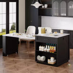Îlot de cuisine blanc de 210 cm avec table à manger extensible pour 4-6 personnes, table de cuisine bicolore avec rangement double face