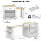 Îlot de cuisine blanc de 210 cm avec table à manger extensible pour 4-6 personnes, table de cuisine bicolore avec rangement double face