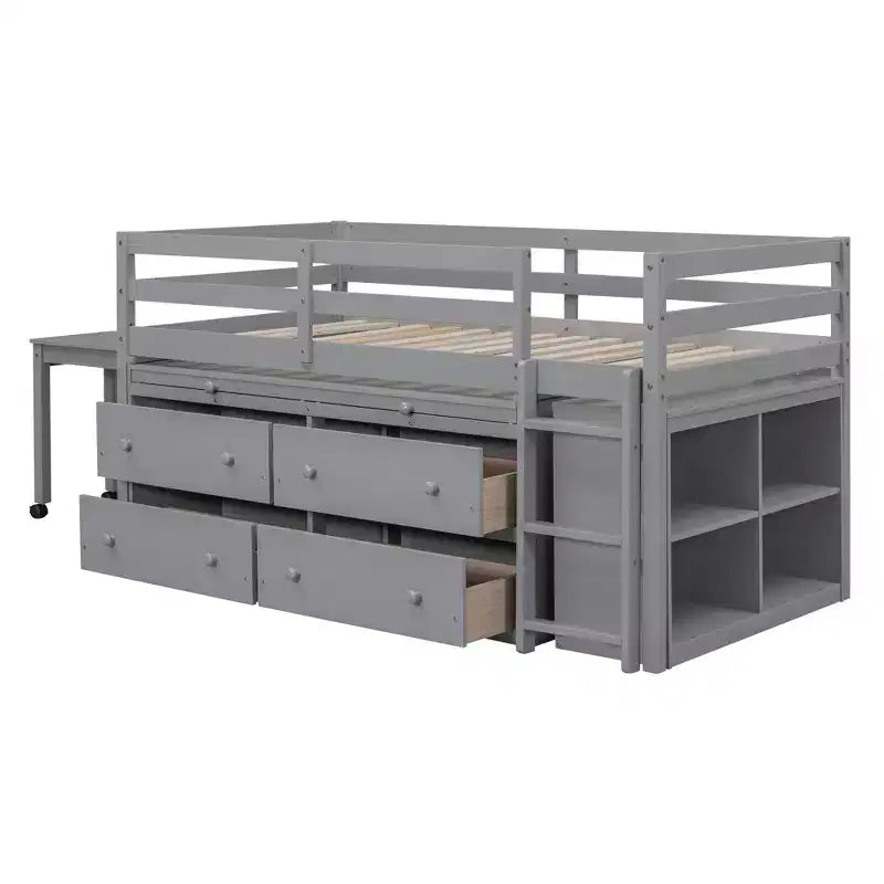 Lit mezzanine jumeau/double avec bureau coulissant et 4 tiroirs, cadre de lit mezzanine bas en bois avec étagères - ModernLuxe
