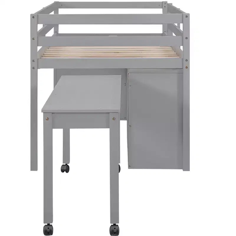 Lit mezzanine jumeau/double avec bureau coulissant et 4 tiroirs, cadre de lit mezzanine bas en bois avec étagères - ModernLuxe