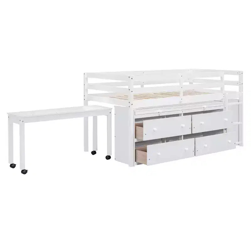 Lit mezzanine jumeau/double avec bureau coulissant et 4 tiroirs, cadre de lit mezzanine bas en bois avec étagères - ModernLuxe