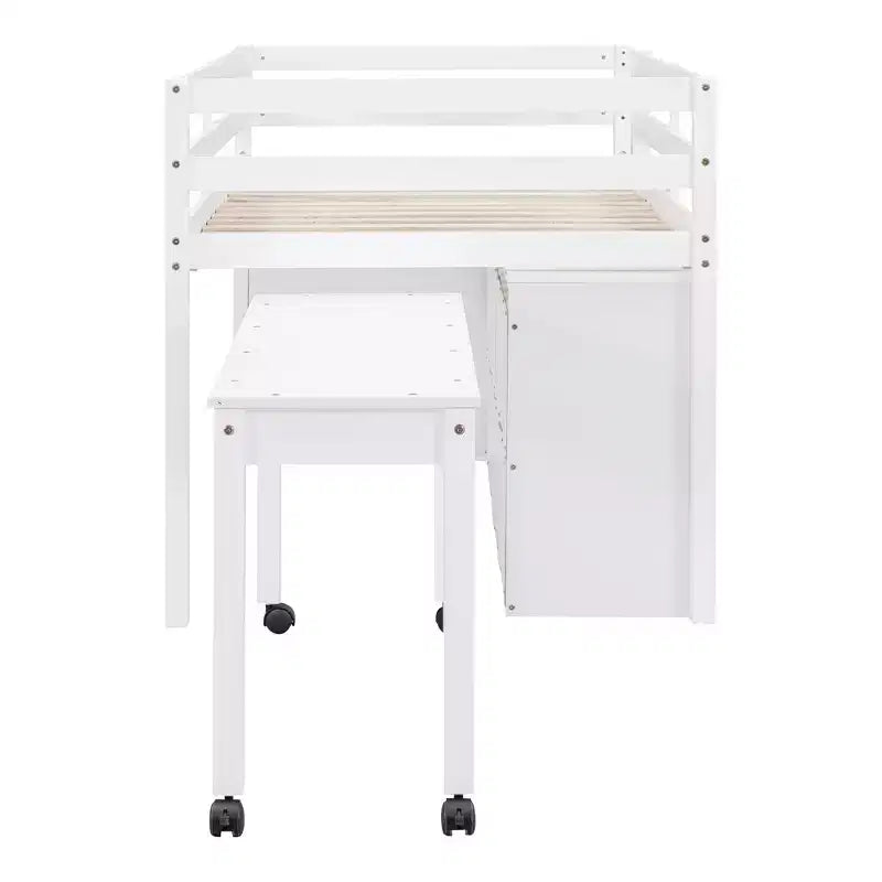 Lit mezzanine jumeau/double avec bureau coulissant et 4 tiroirs, cadre de lit mezzanine bas en bois avec étagères - ModernLuxe