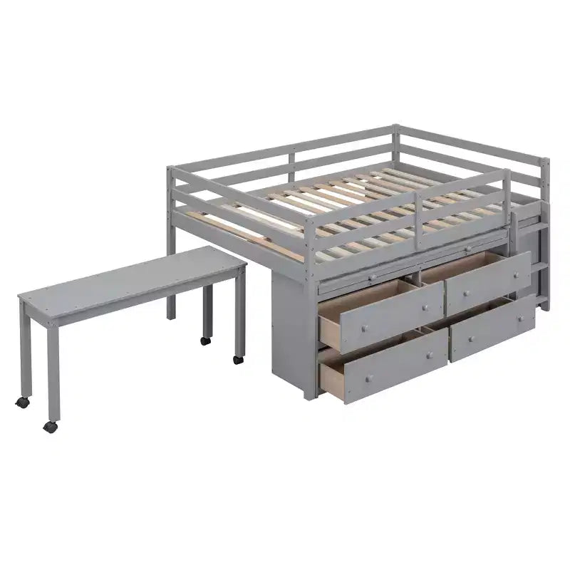 Lit mezzanine jumeau/double avec bureau coulissant et 4 tiroirs, cadre de lit mezzanine bas en bois avec étagères - ModernLuxe