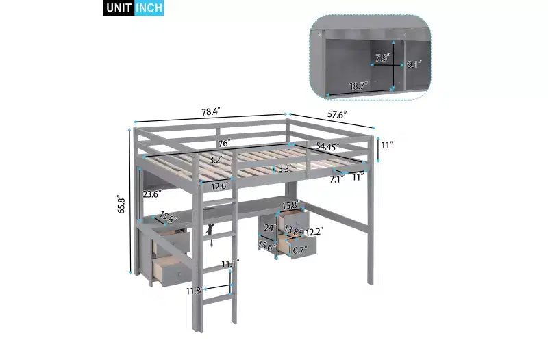Whisen 78.4L x 57.6W Lit mezzanine pleine grandeur avec bureau, armoires, tiroirs et plateau de chevet, station de recharge intégrée, rangements multiples
