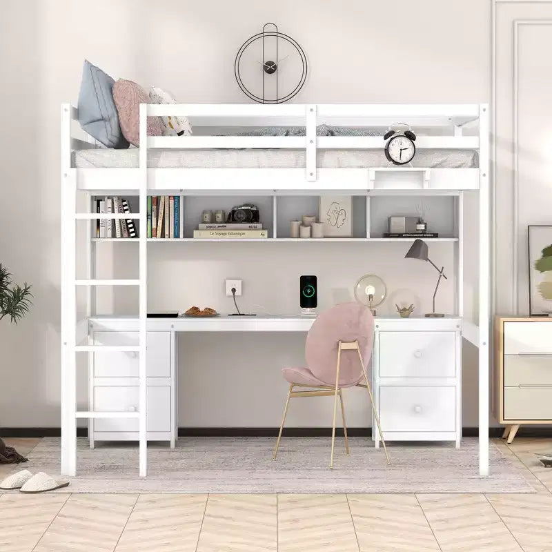 Whisen 78.4L x 57.6W Lit mezzanine pleine grandeur avec bureau, armoires, tiroirs et plateau de chevet, station de recharge intégrée, rangements multiples