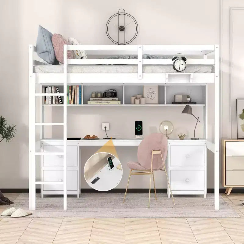 Whisen 78.4L x 57.6W Lit mezzanine pleine grandeur avec bureau, armoires, tiroirs et plateau de chevet, station de recharge intégrée, rangements multiples