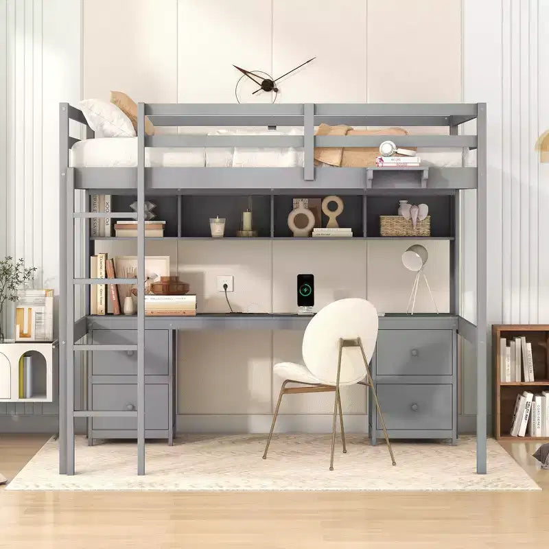 Whisen 78.4L x 57.6W Lit mezzanine pleine grandeur avec bureau, armoires, tiroirs et plateau de chevet, station de recharge intégrée, rangements multiples