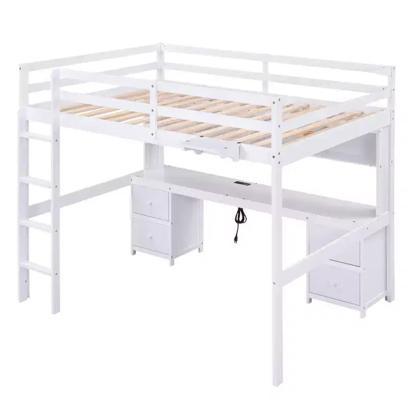 Whisen 78.4L x 57.6W Lit mezzanine pleine grandeur avec bureau, armoires, tiroirs et plateau de chevet, station de recharge intégrée, rangements multiples