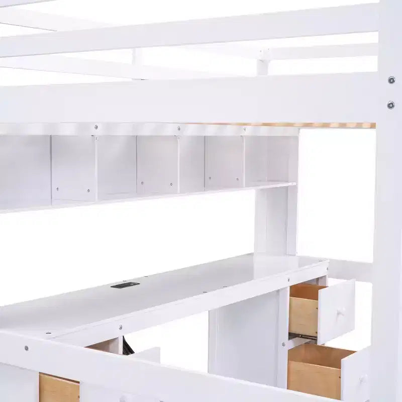 Whisen 78.4L x 57.6W Lit mezzanine pleine grandeur avec bureau, armoires, tiroirs et plateau de chevet, station de recharge intégrée, rangements multiples