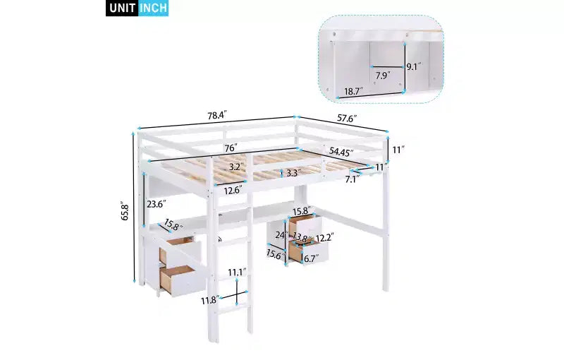 Whisen 78.4L x 57.6W Lit mezzanine pleine grandeur avec bureau, armoires, tiroirs et plateau de chevet, station de recharge intégrée, rangements multiples