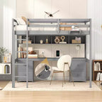 Whisen 78.4L x 57.6W Lit mezzanine pleine grandeur avec bureau, armoires, tiroirs et plateau de chevet, station de recharge intégrée, rangements multiples