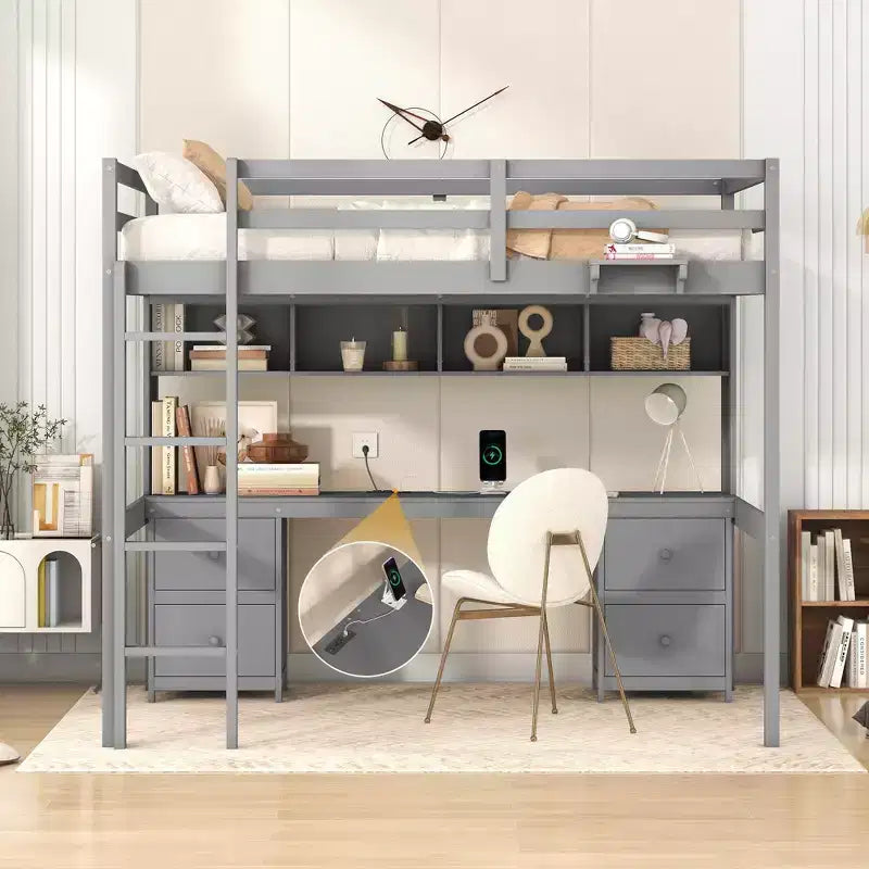 Whisen 78.4L x 57.6W Lit mezzanine pleine grandeur avec bureau, armoires, tiroirs et plateau de chevet, station de recharge intégrée, rangements multiples
