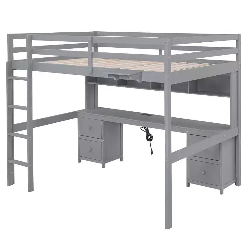 Whisen 78.4L x 57.6W Lit mezzanine pleine grandeur avec bureau, armoires, tiroirs et plateau de chevet, station de recharge intégrée, rangements multiples