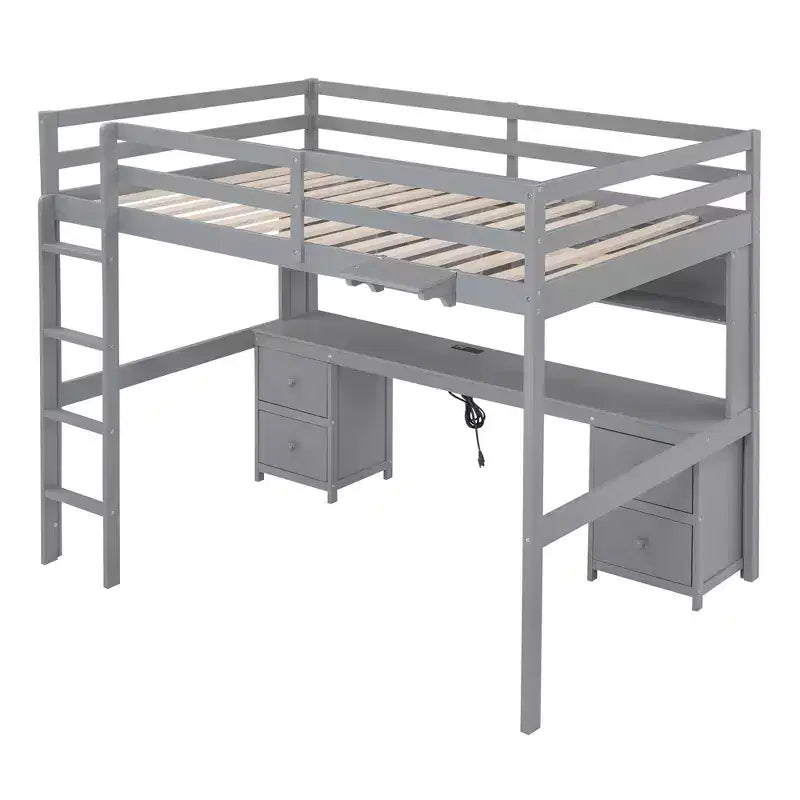Whisen 78.4L x 57.6W Lit mezzanine pleine grandeur avec bureau, armoires, tiroirs et plateau de chevet, station de recharge intégrée, rangements multiples
