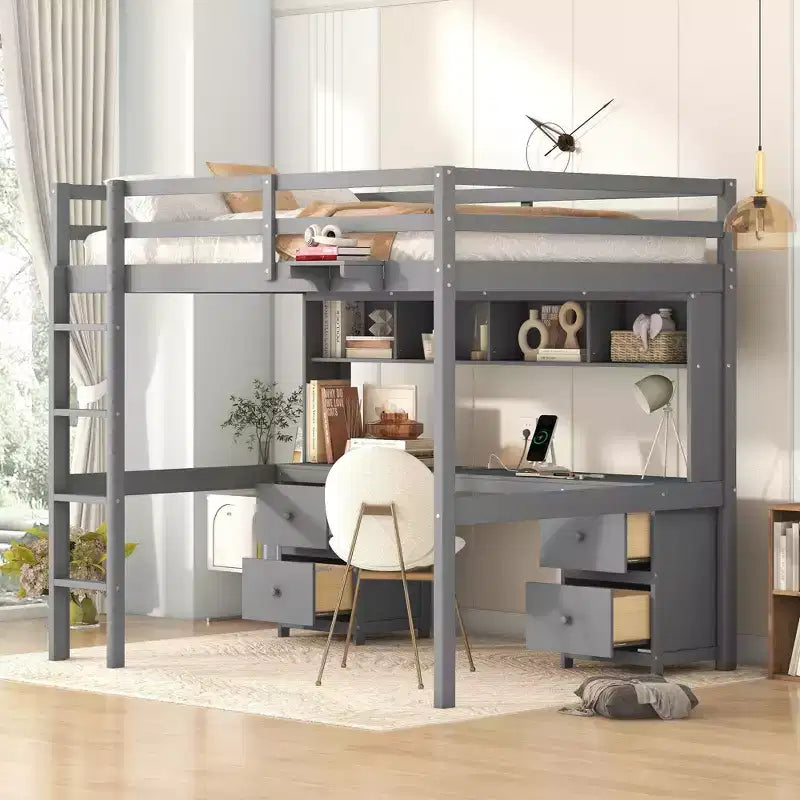 Whisen 78.4Lx 57.6W Full Size Loft Bed with Desk, Cabinets, Drawers and Bedside Tray, Built-in Charging Station, Multiple Storage