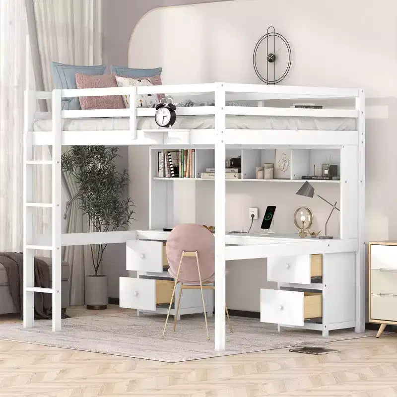 Whisen 78.4L x 57.6W Lit mezzanine pleine grandeur avec bureau, armoires, tiroirs et plateau de chevet, station de recharge intégrée, rangements multiples