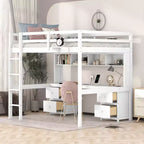 Whisen 78.4L x 57.6W Lit mezzanine pleine grandeur avec bureau, armoires, tiroirs et plateau de chevet, station de recharge intégrée, rangements multiples