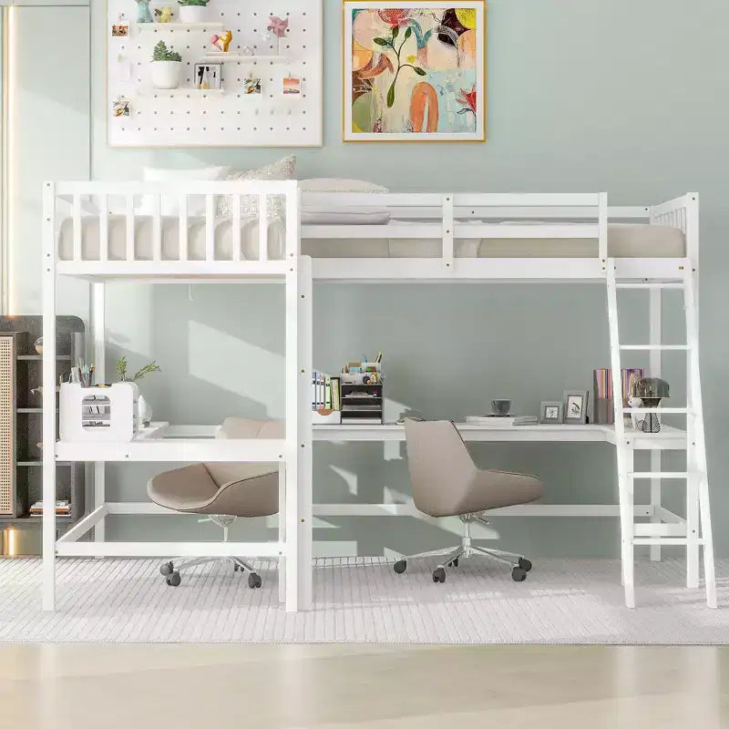 Whisen Lit mezzanine en bois en forme de L, taille double, 119 po L x 79,5 po l, avec échelle et 2 bureaux intégrés en forme de L