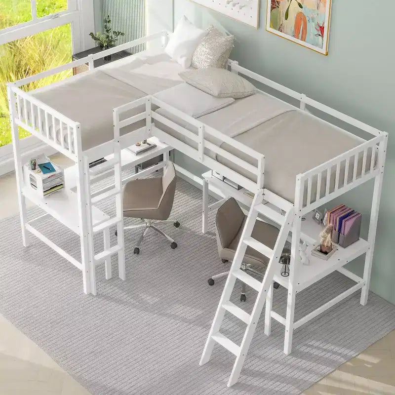 Whisen Lit mezzanine en bois en forme de L, taille double, 119 po L x 79,5 po l, avec échelle et 2 bureaux intégrés en forme de L