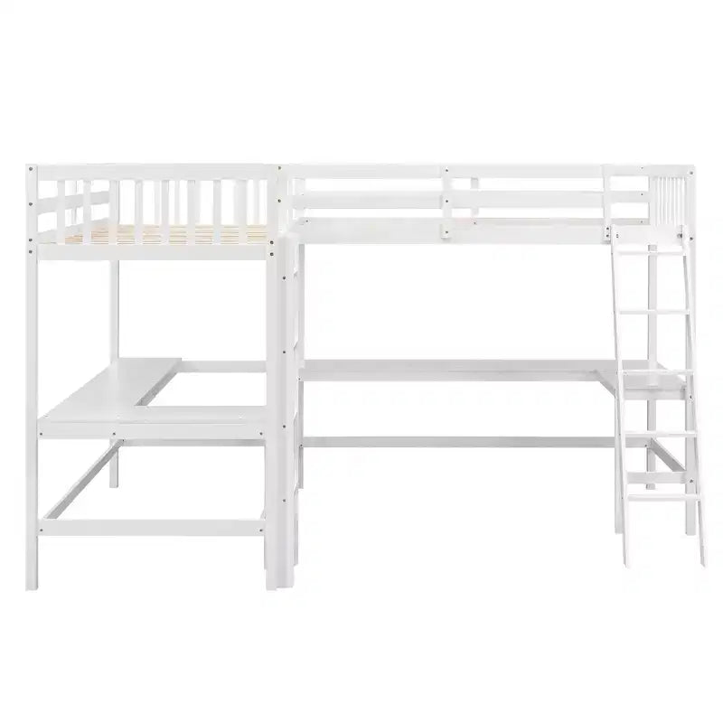 Whisen Lit mezzanine en bois en forme de L, taille double, 119 po L x 79,5 po l, avec échelle et 2 bureaux intégrés en forme de L