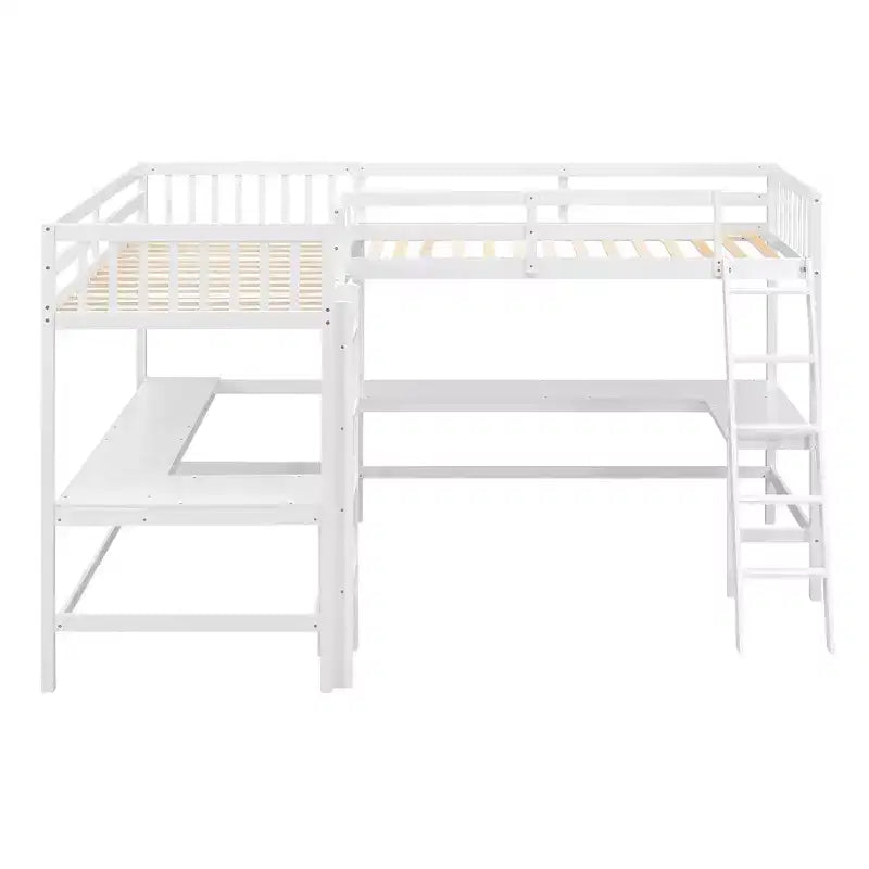 Whisen Lit mezzanine en bois en forme de L, taille double, 119 po L x 79,5 po l, avec échelle et 2 bureaux intégrés en forme de L