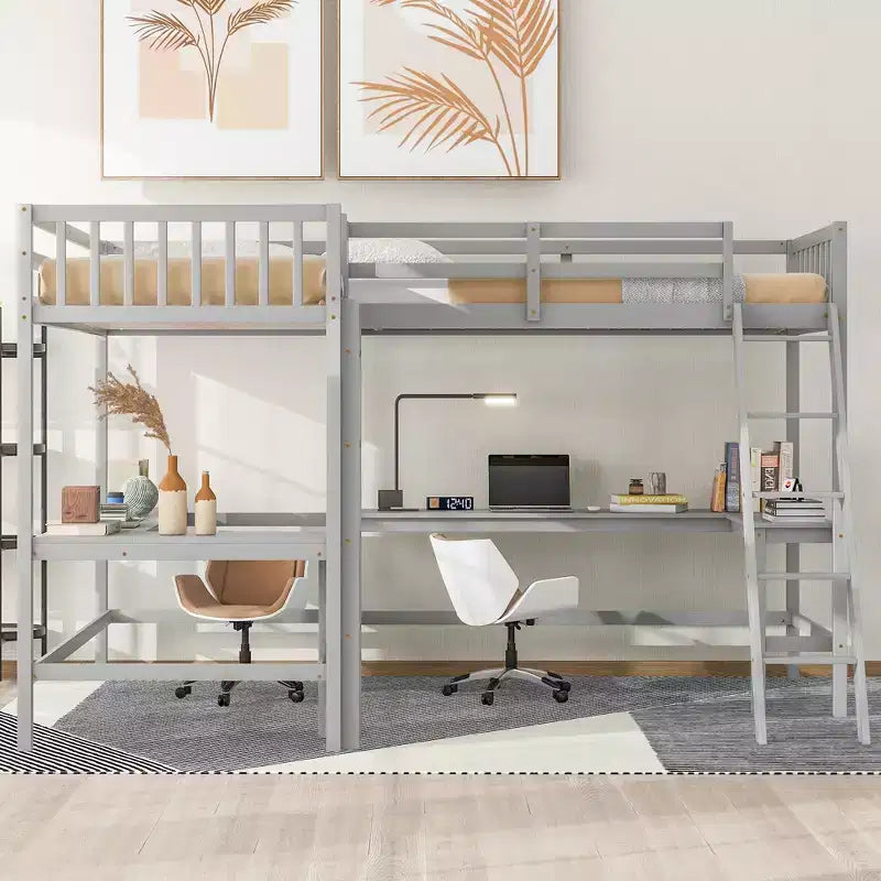 Whisen Lit mezzanine en bois en forme de L, taille double, 119 po L x 79,5 po l, avec échelle et 2 bureaux intégrés en forme de L
